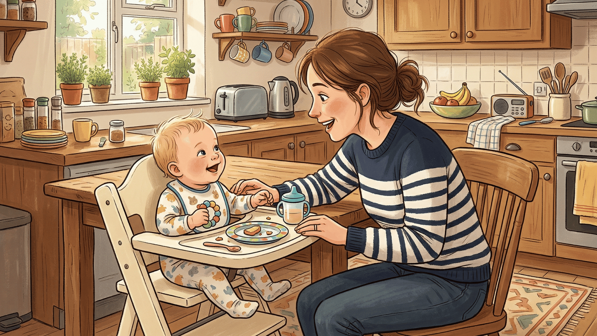mother talking to baby during daily routine in kitchen