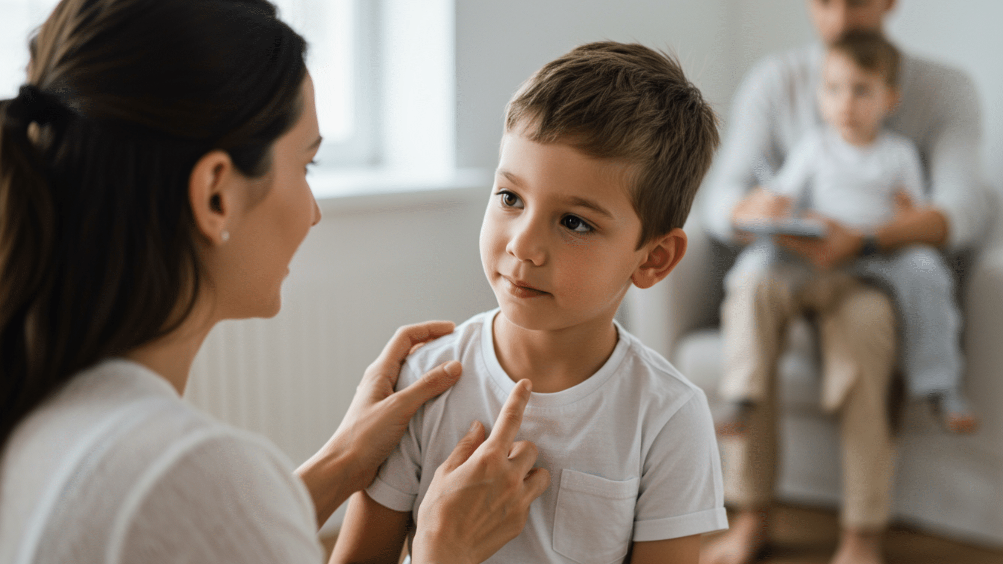 mother talking with her son and father sitting at sofa with son