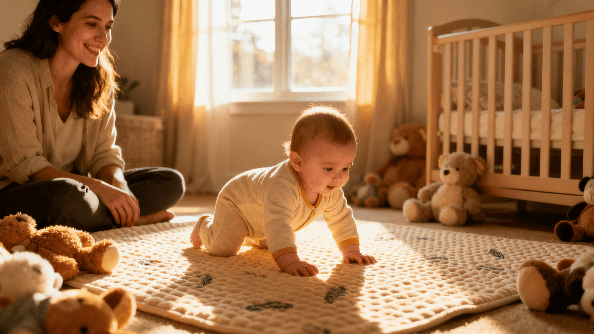 mother watching baby crawl on soft mat in sunlit nursery, surrounded by toys and warm golden light