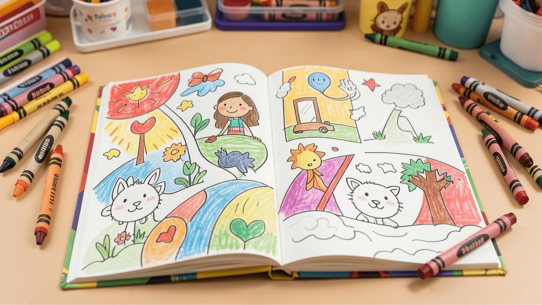 open coloring book with bright drawings colored by crayons, surrounded by colorful crayons and art supplies on desk