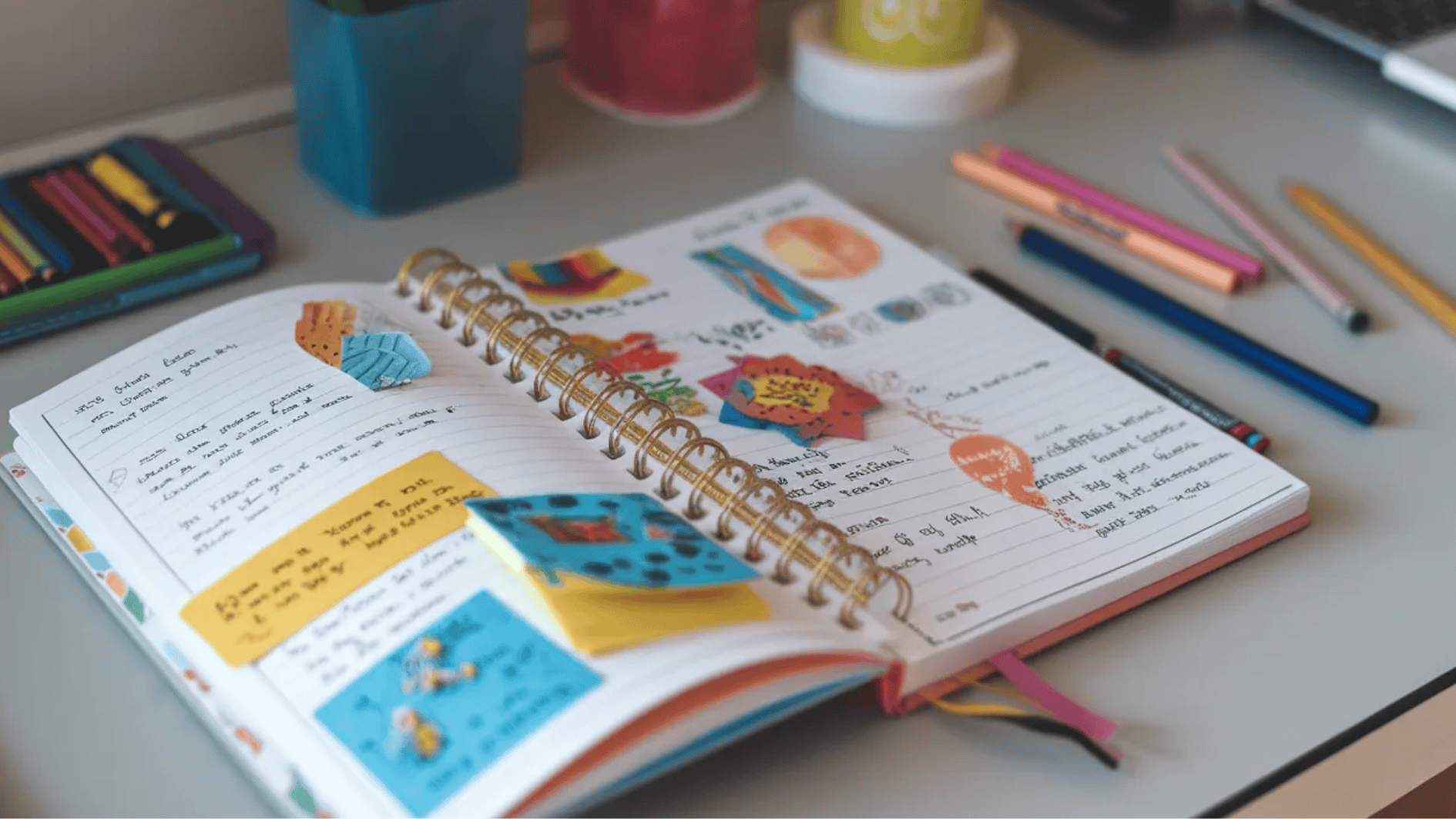 open kids journal with drawings, stickers, and notes on a desk with colored pencils and art supplies nearby