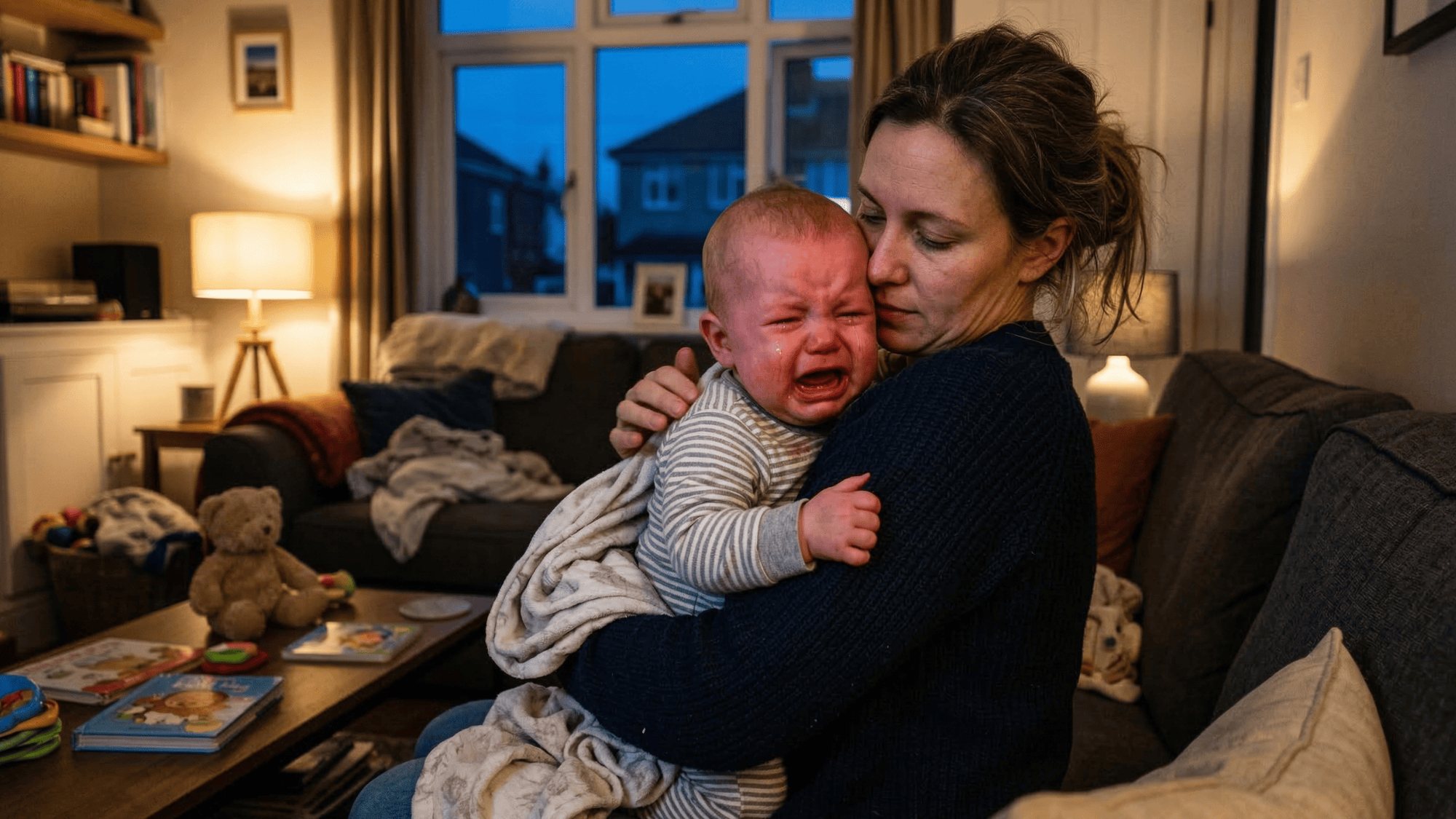 overtired baby crying in parent’s arms during bedtime struggle