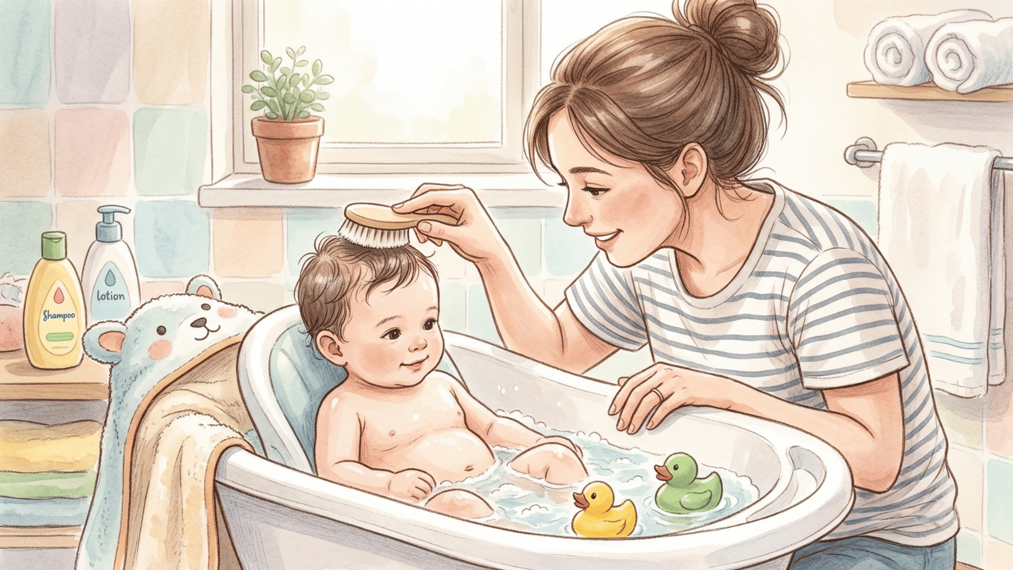 parent gently brushing hair of baby