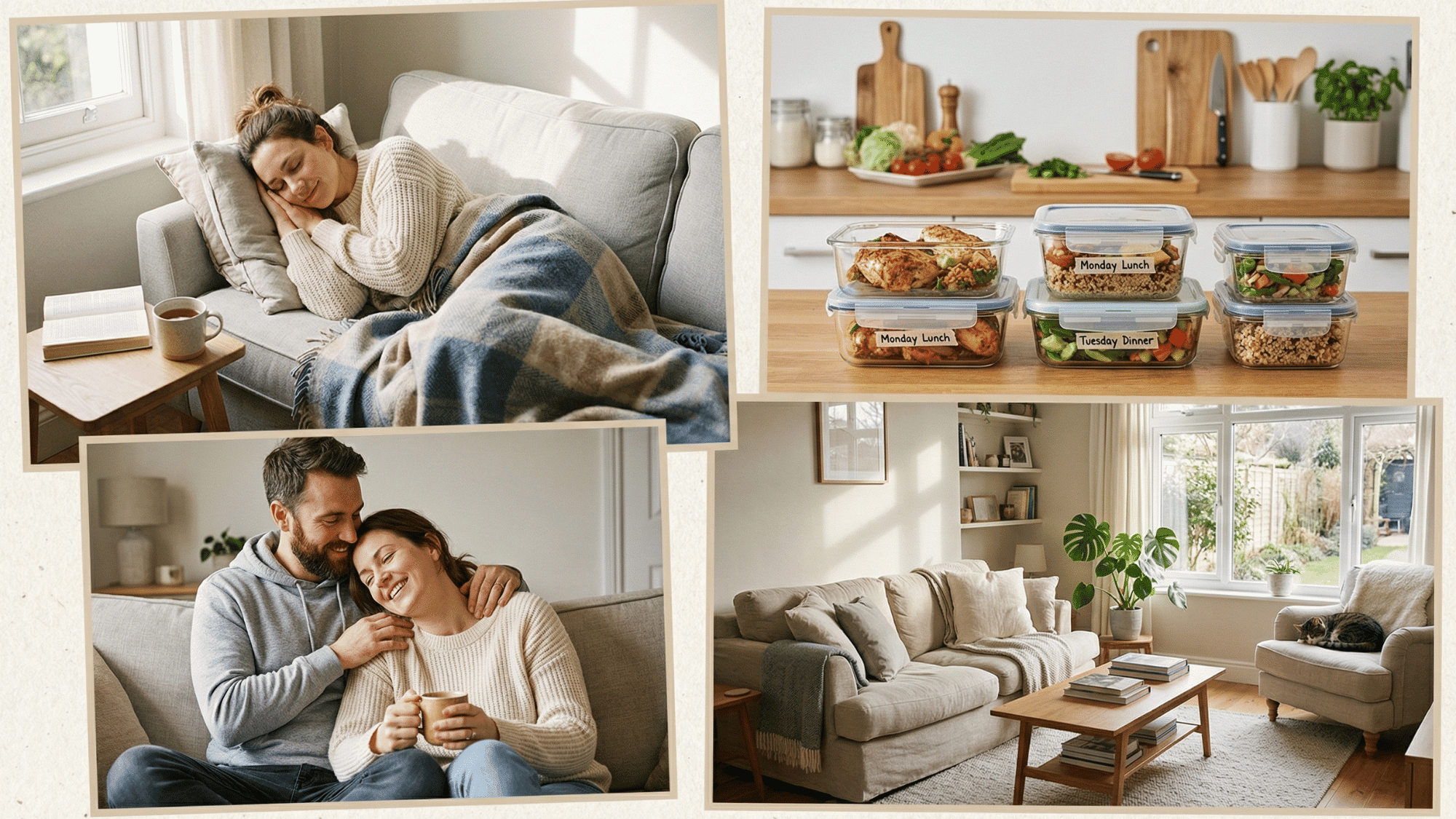 parent preparation collage with rest meal prep support and daily routine setup