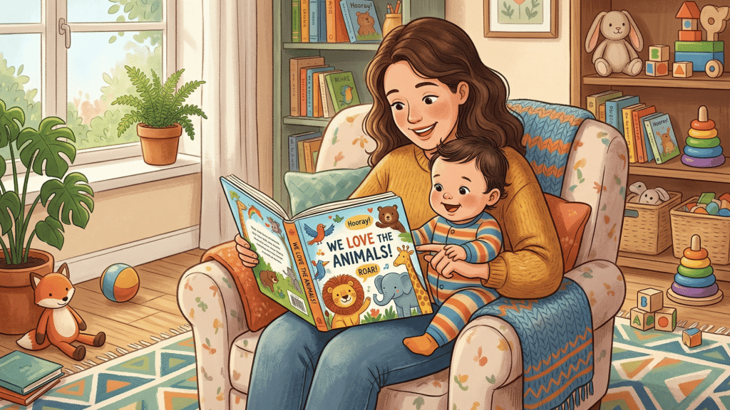 parent reading colorful picture book to baby at home