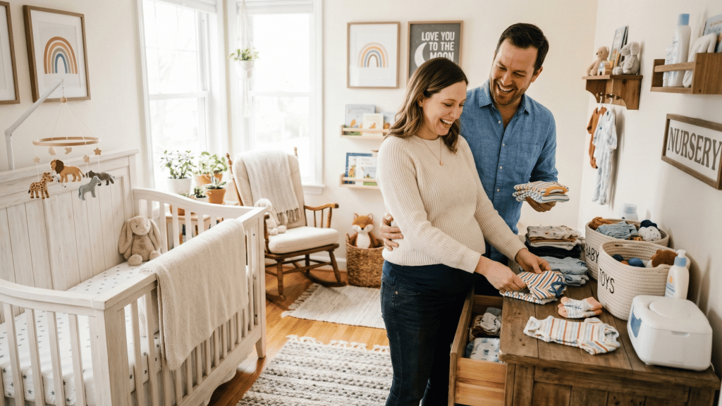 parents preparing for baby with nursery setup and baby essentials arranged neatly