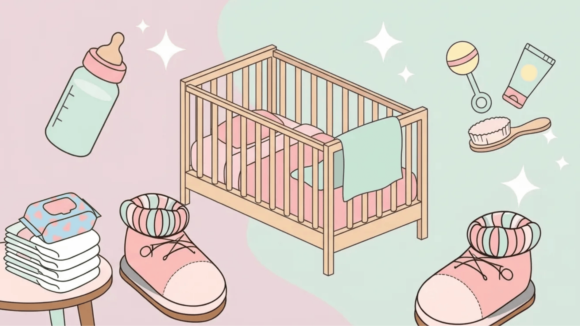 pastel baby nursery illustration with crib, bottle, wipes, shoes, rattle, brush, and baby items arranged around