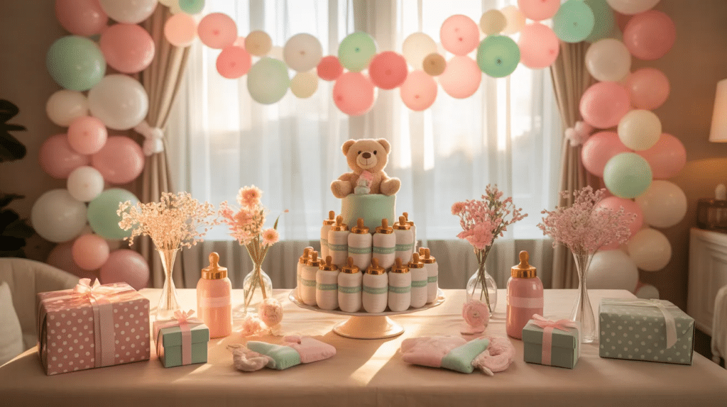 pastel baby shower setup with balloon garland, teddy bear diaper cake, gifts, and soft decor on table
