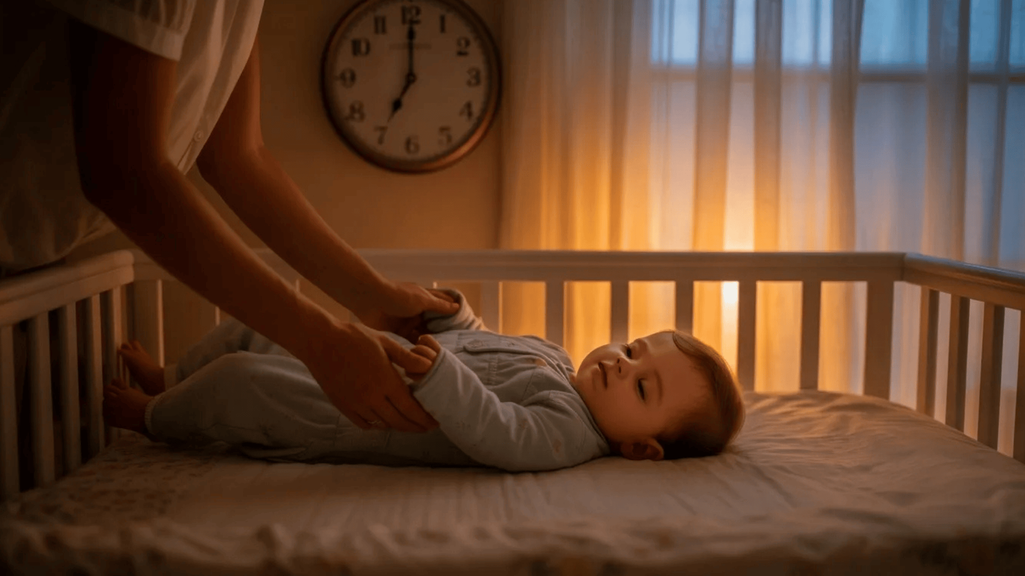 peaceful nursery at dusk with warm golden light, a parent gently placing a drowsy baby into a white crib