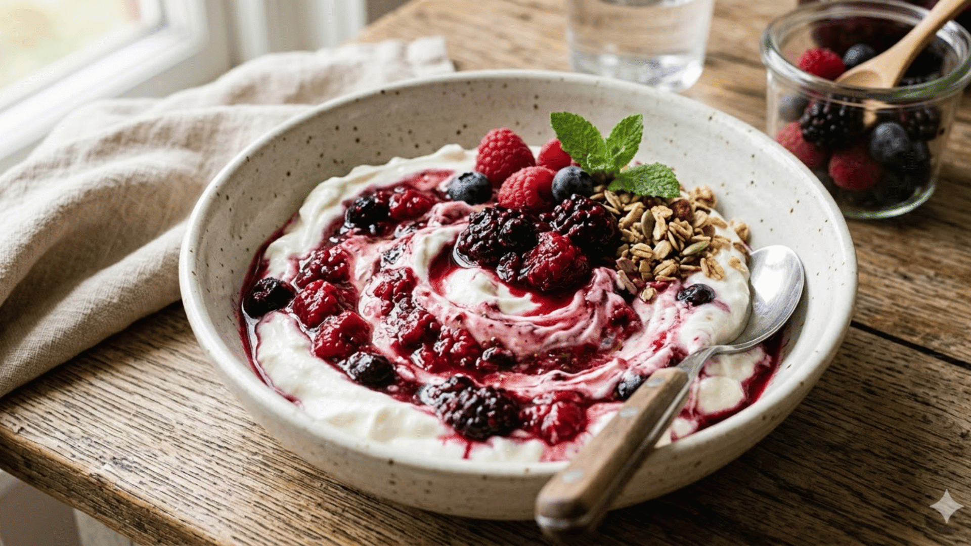 plain Greek yogurt topped with mixed berries and granola, served in a bowl with a spoon on a wooden table, with fresh berries in the background.