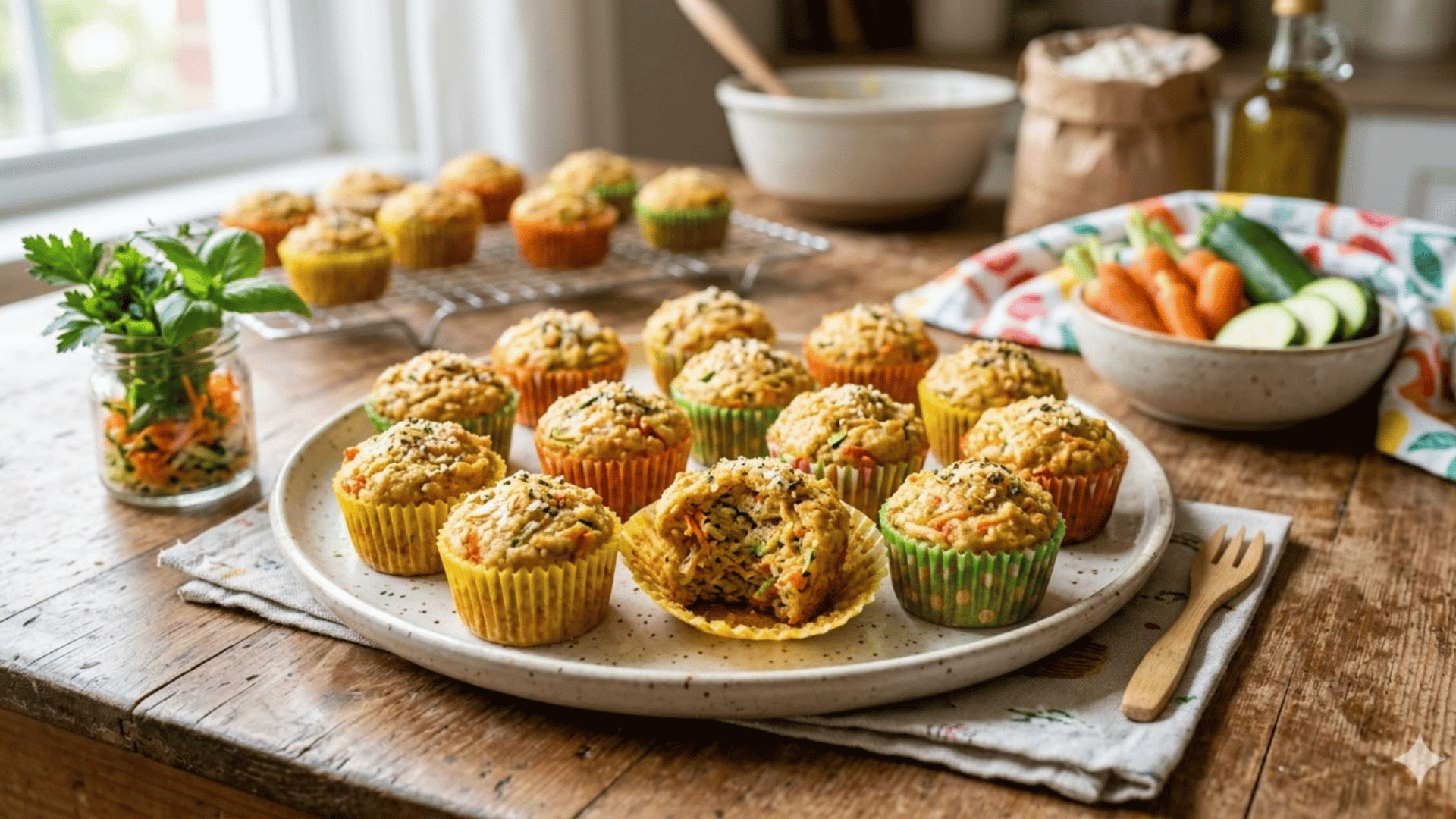 plate of mini vegetable muffins made with carrots and zucchini, displayed on a wooden table with fresh ingredients in the background.