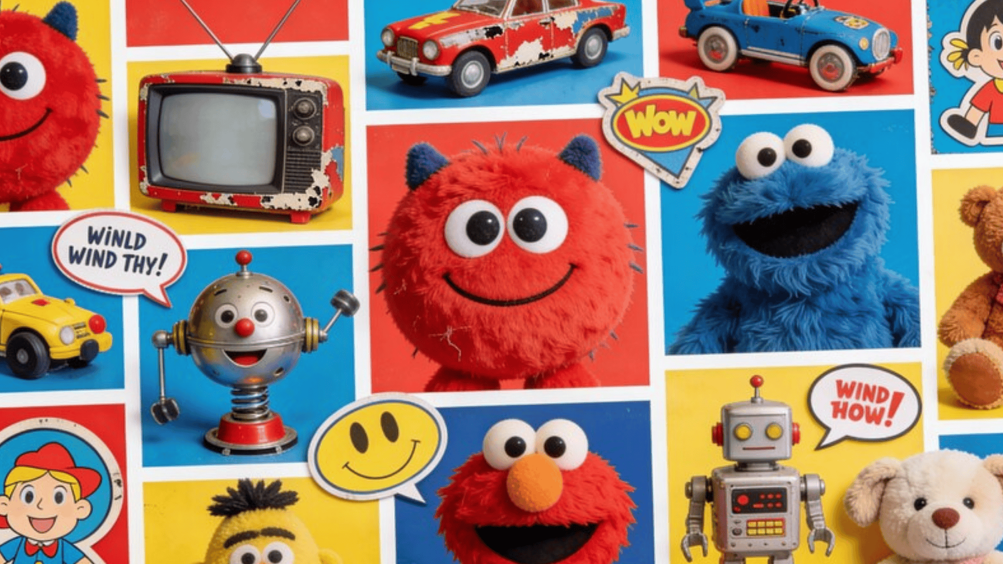 pop culture collage for kids with adorable animals in costumes, tiny planets, comic-style stickers, energetic palette