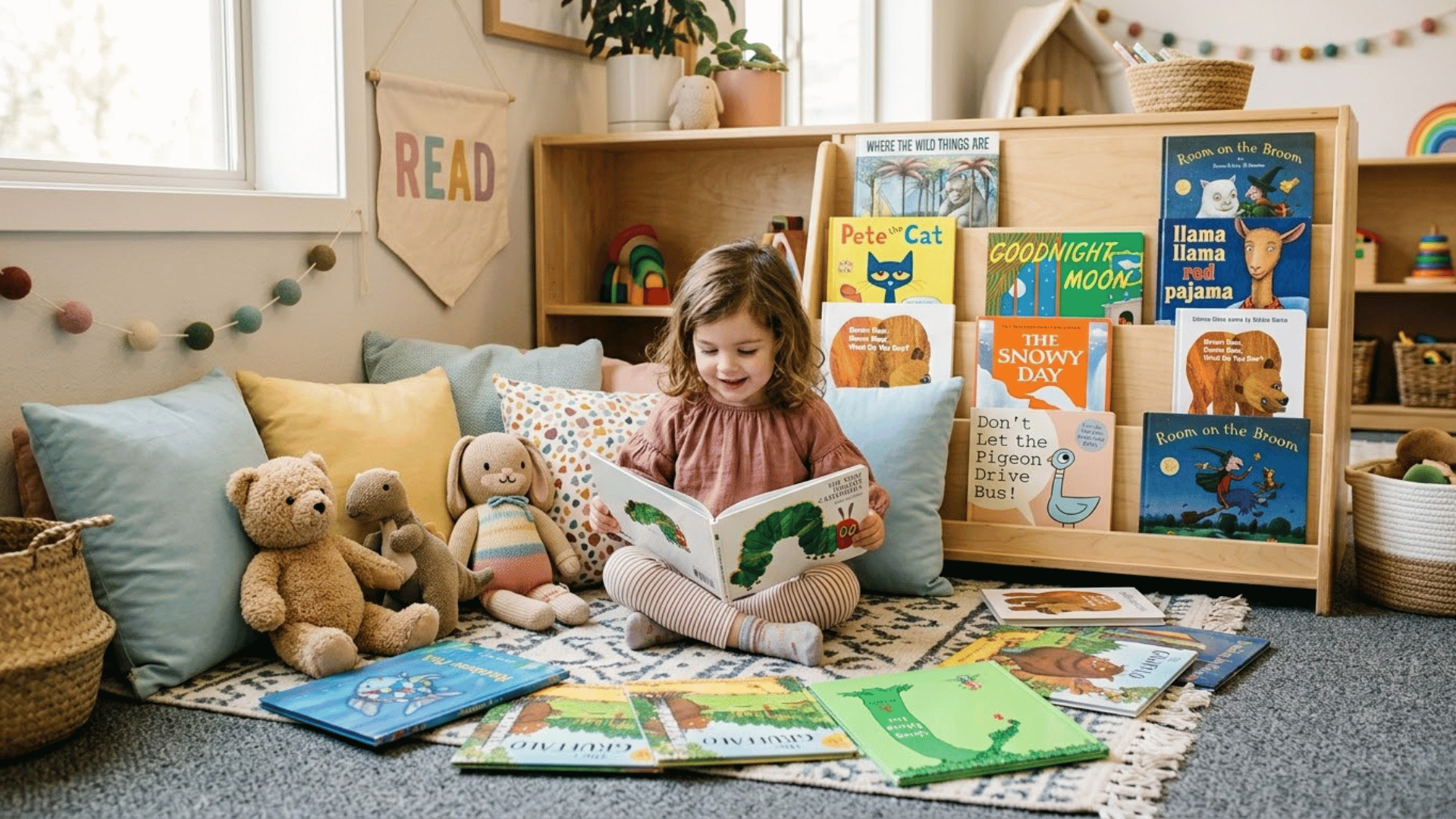 preschool child sitting in a cozy reading corner surrounded by colorful picture books, toys, and a small bookshelf filled with popular children’s titles