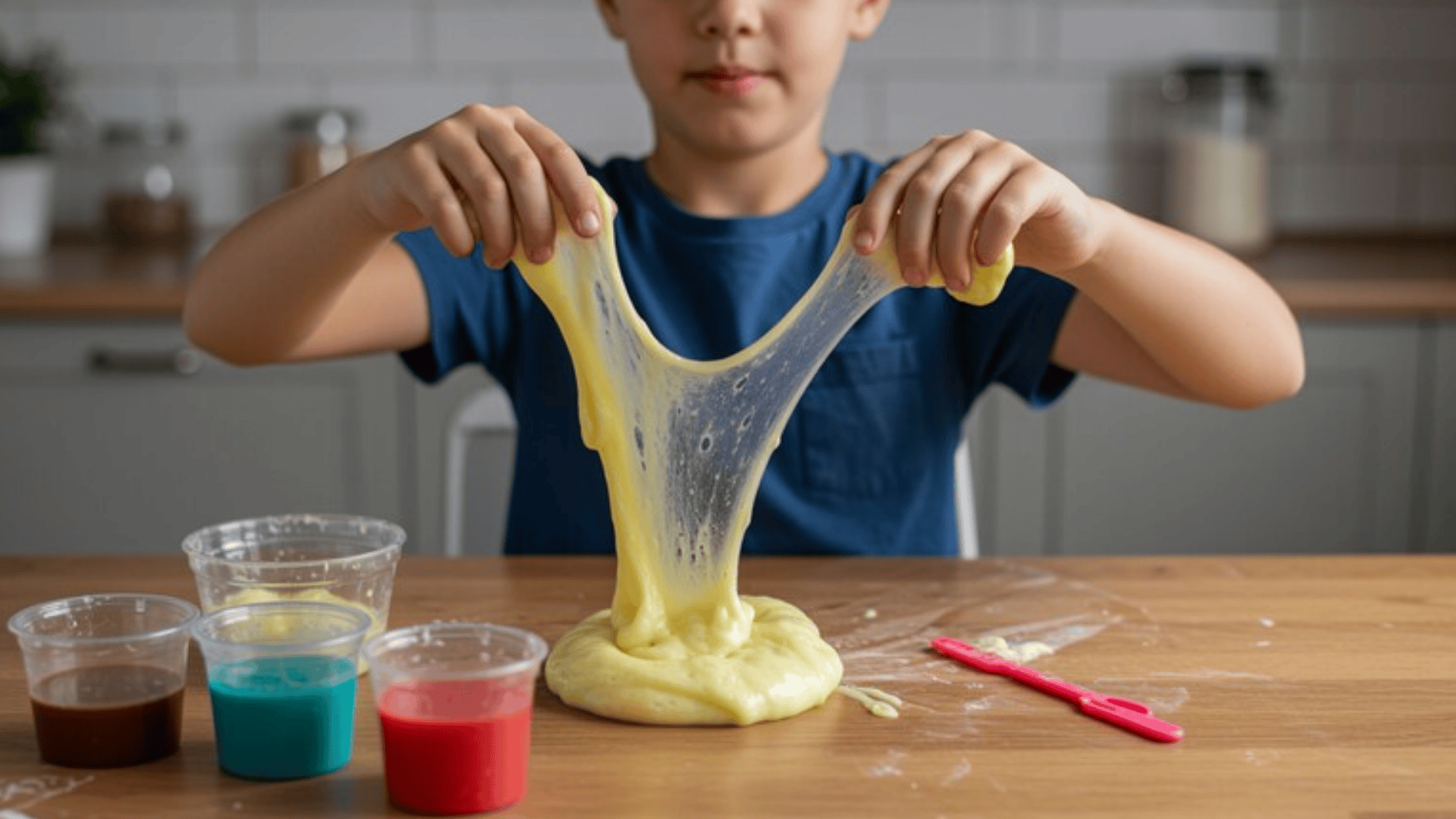 science experiment of kids at home, child playing with stretchy slime, measuring cups and jars scattered nearby