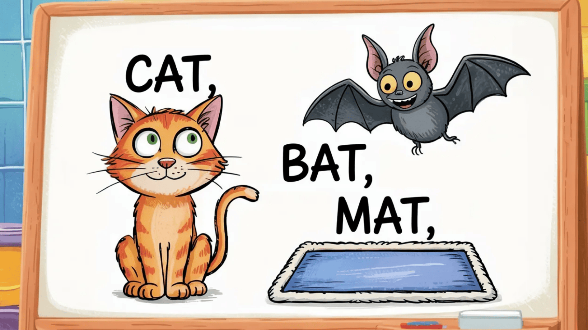 Cartoon cat, bat, and mat shown on a board with matching words written beside each object