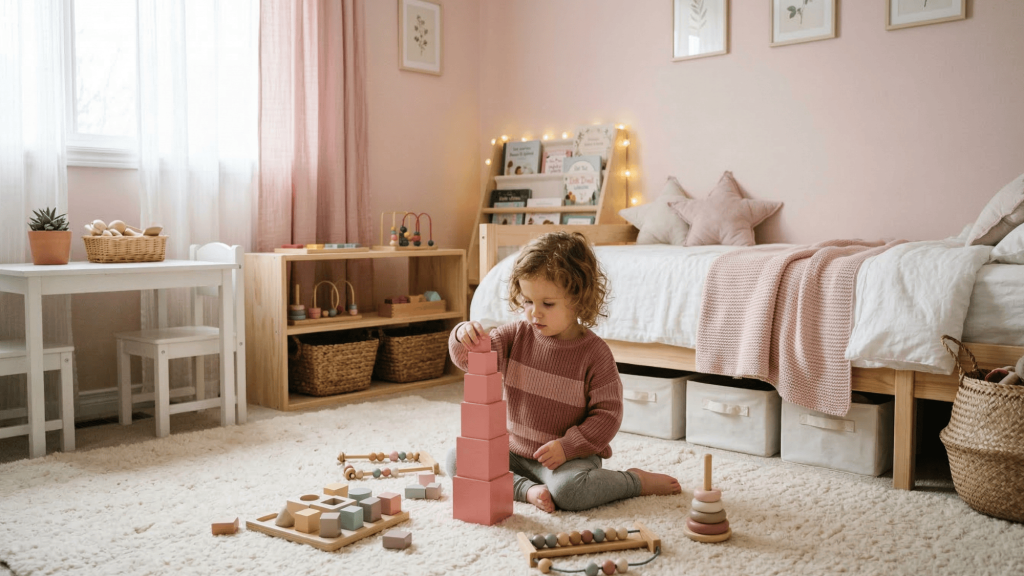small girl playing with some montessori toys in a cute cosy bedroom