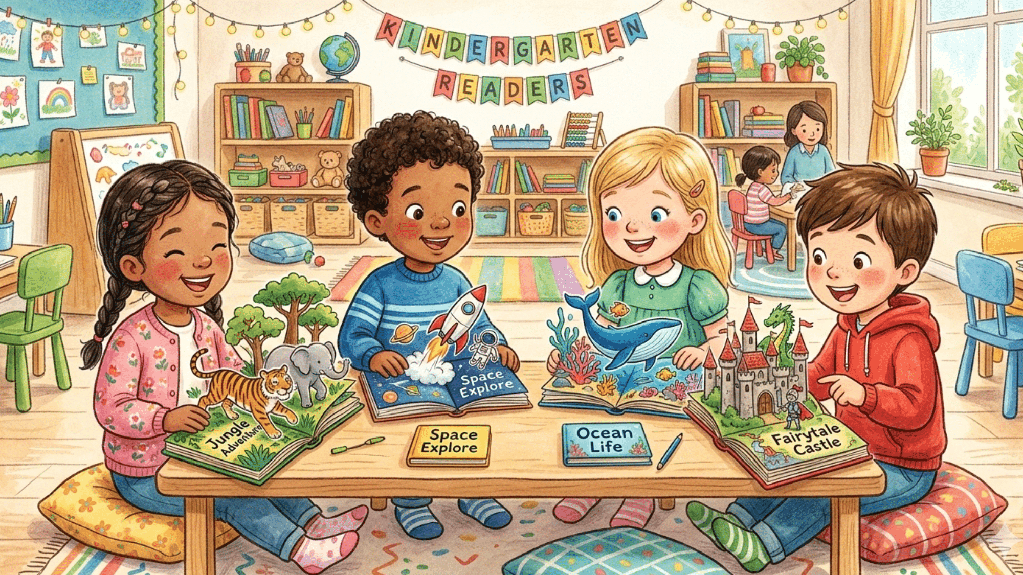 small kids reading and enjoying pop up books