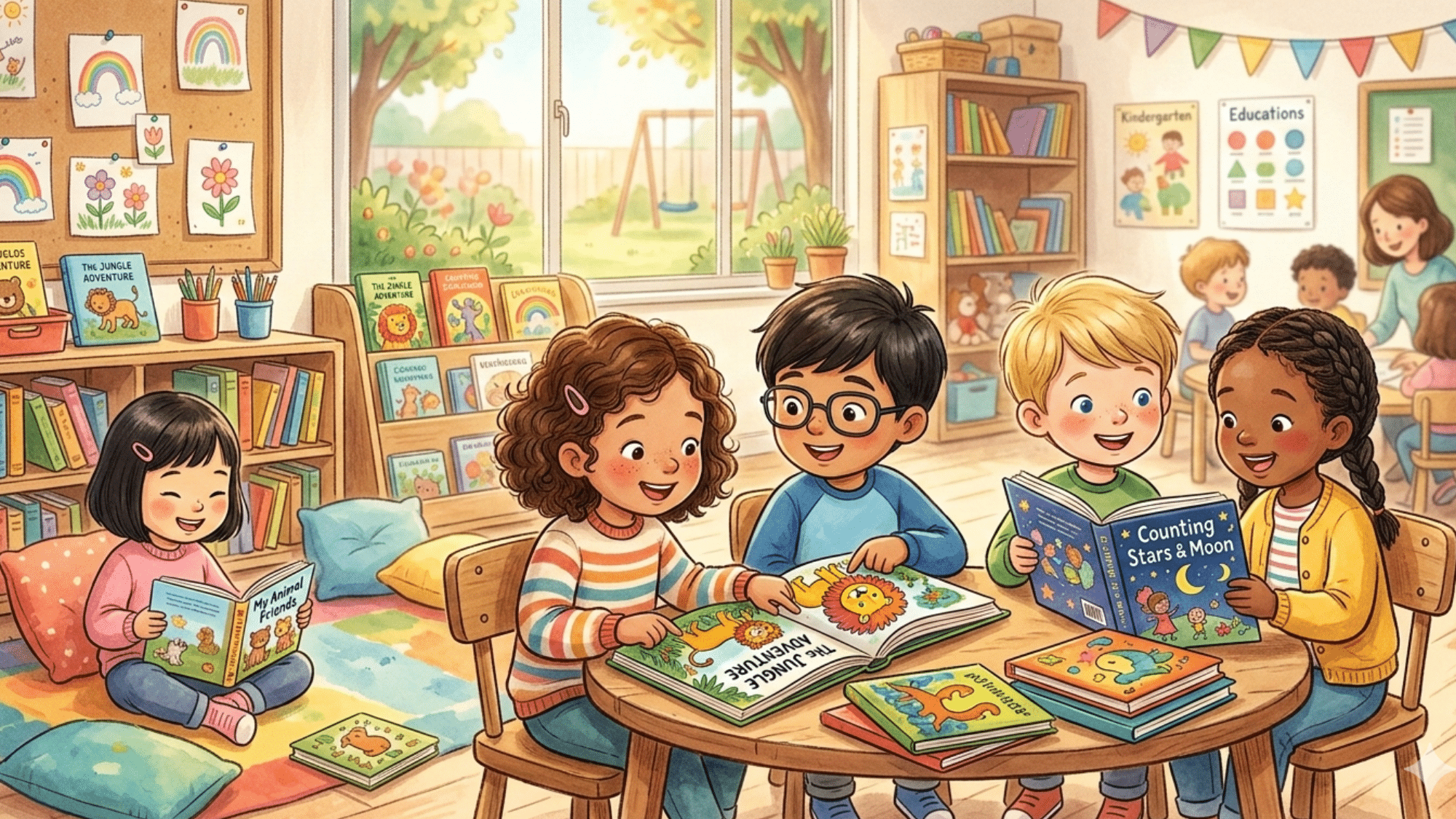 small kids studying picture books