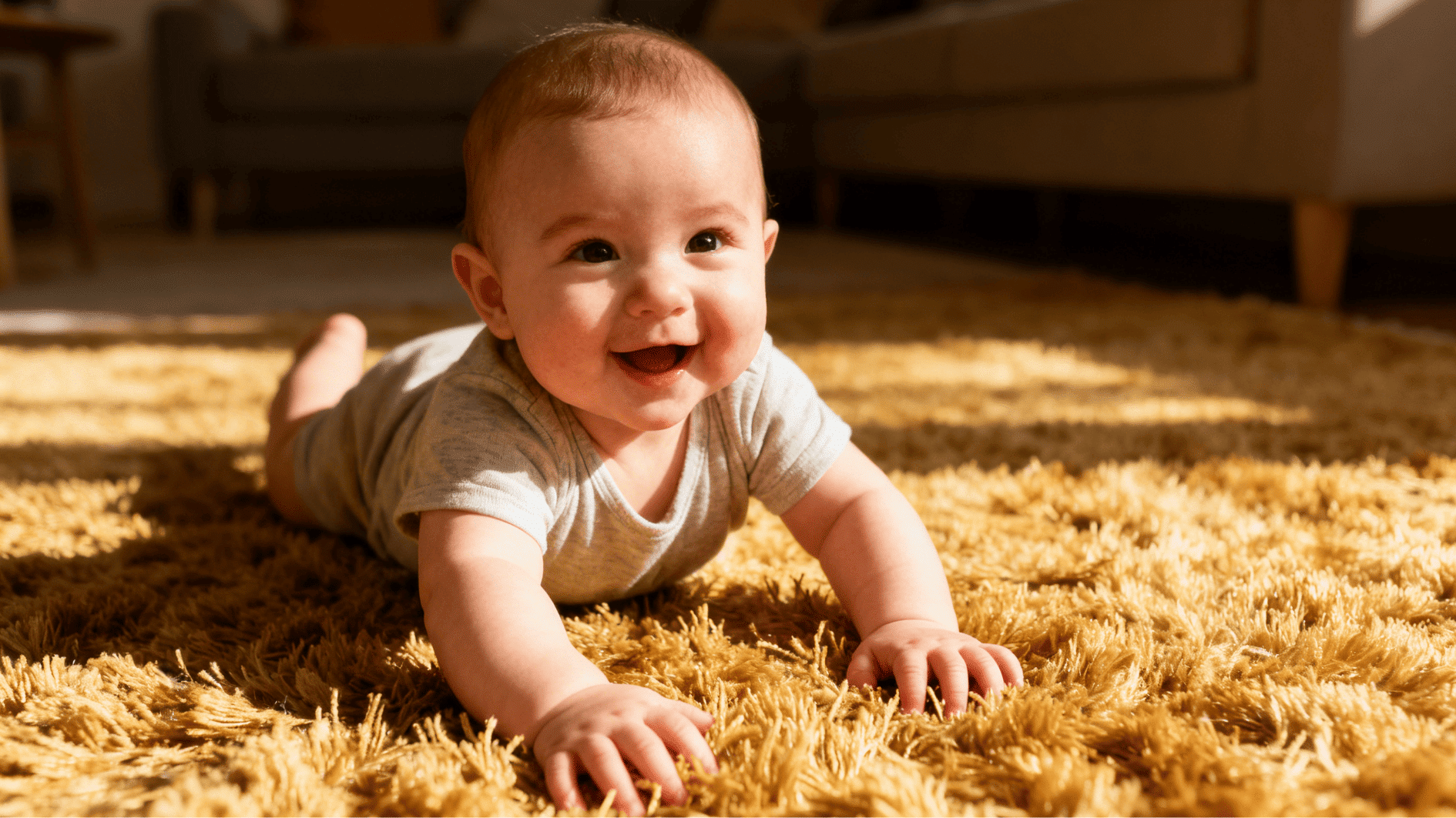 smiling baby lying on textured carpet, reaching forward and enjoying playtime in warm sunlight