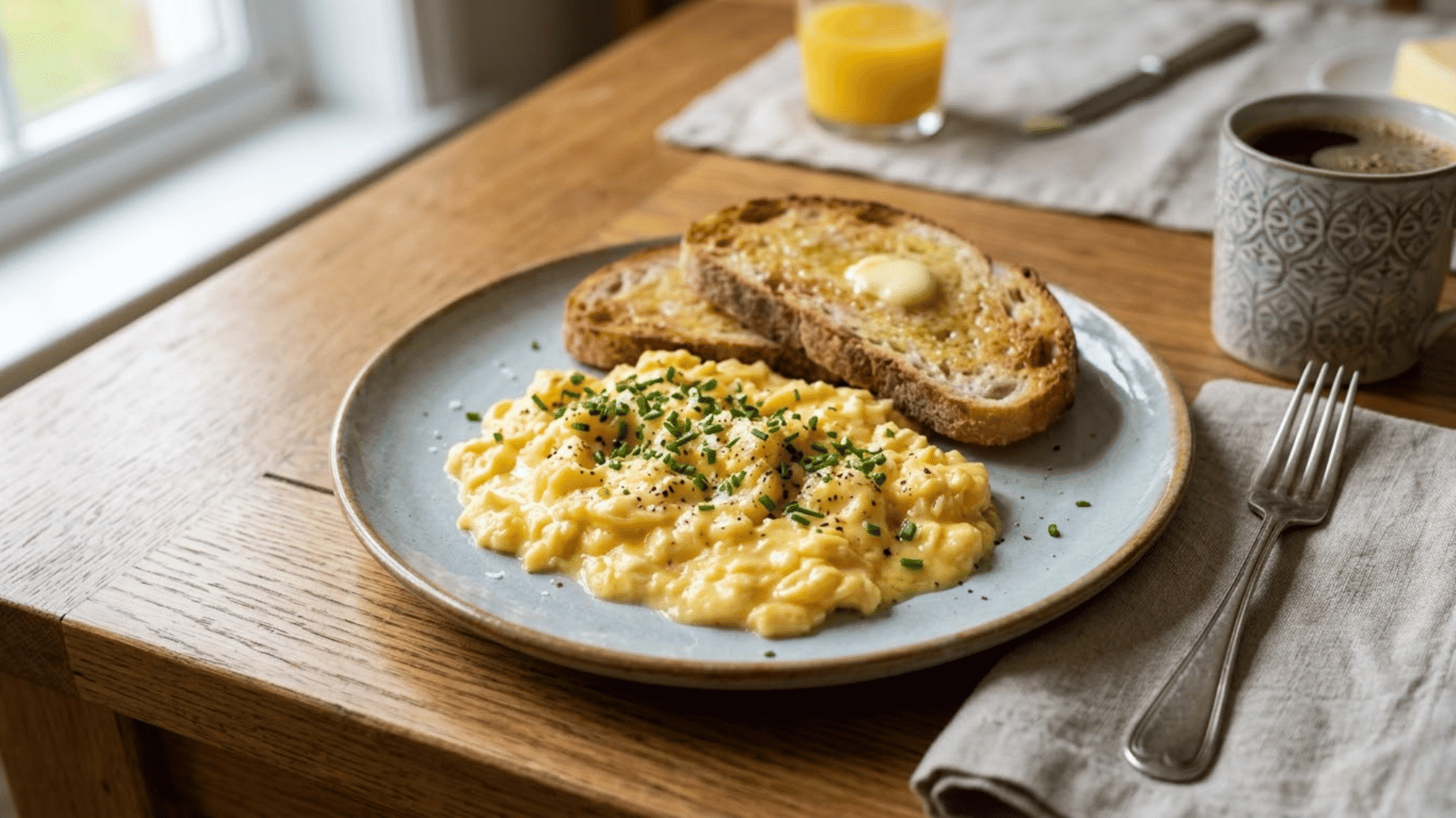 soft scrambled eggs garnished with herbs, served with toasted bread on a plate, placed on a wooden table with a cup of coffee and a glass of juice in the background.