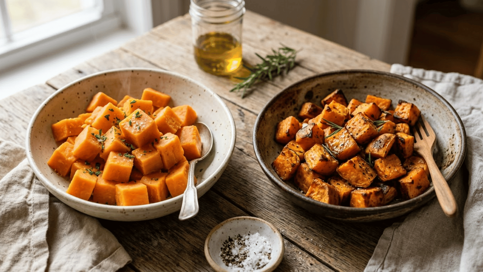 soft steamed and roasted sweet potato cubes served in bowls on a wooden table with olive oil and herbs.