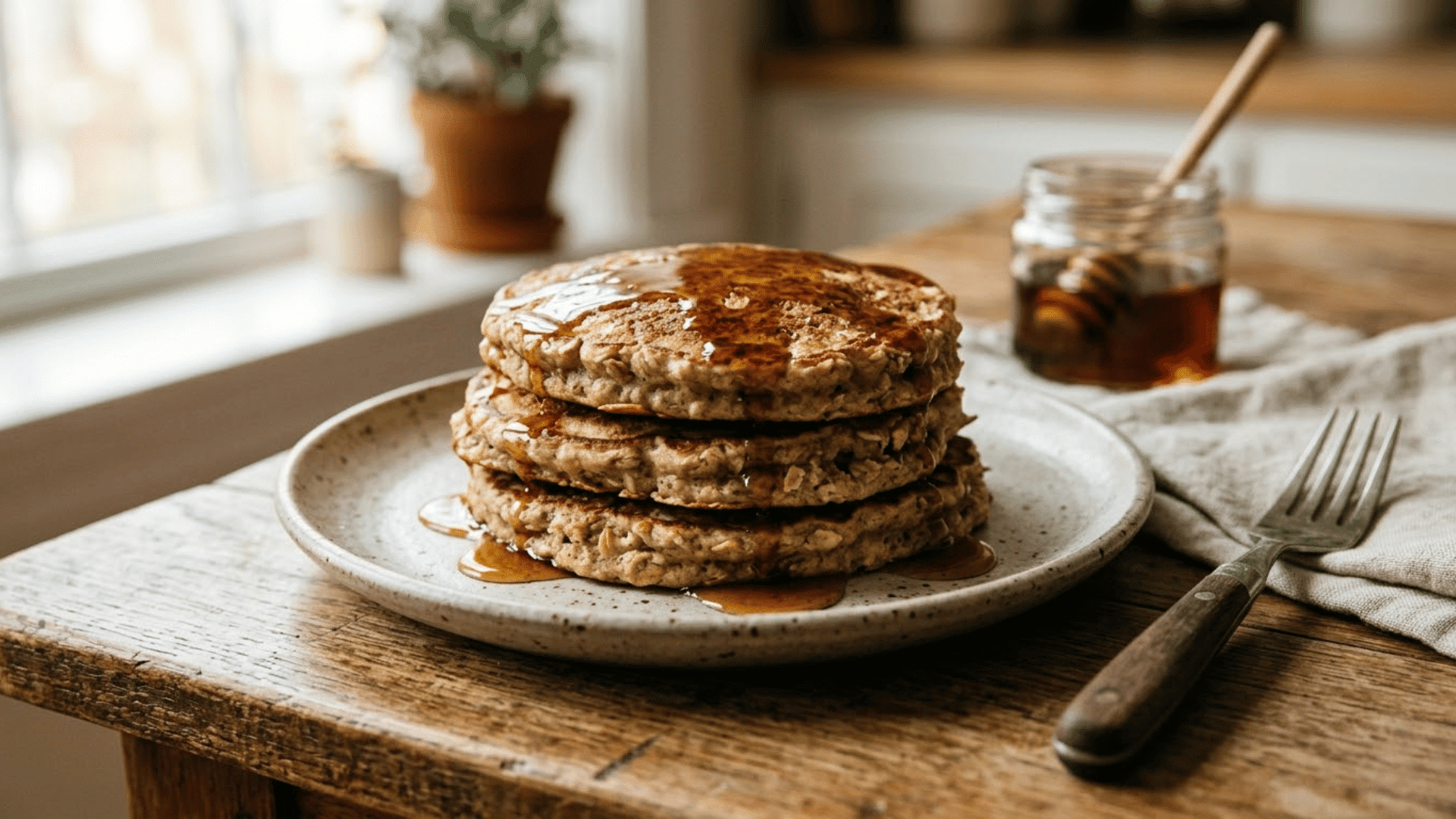 stack of banana oat pancakes drizzled with syrup, served on a plate with a fork and a jar of honey on a wooden table in soft natural light.