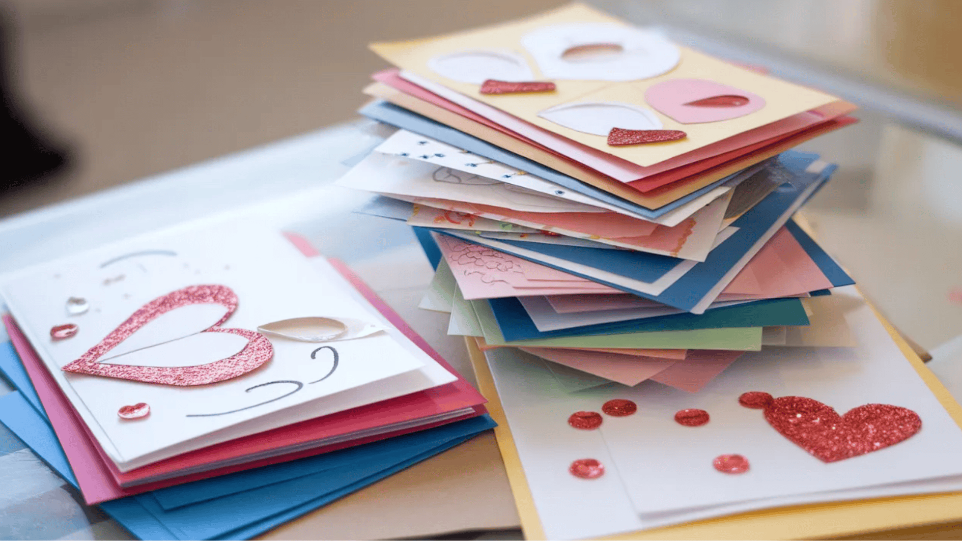 stack of colorful handmade greeting cards decorated with hearts, glitter, and paper cutouts on a craft table