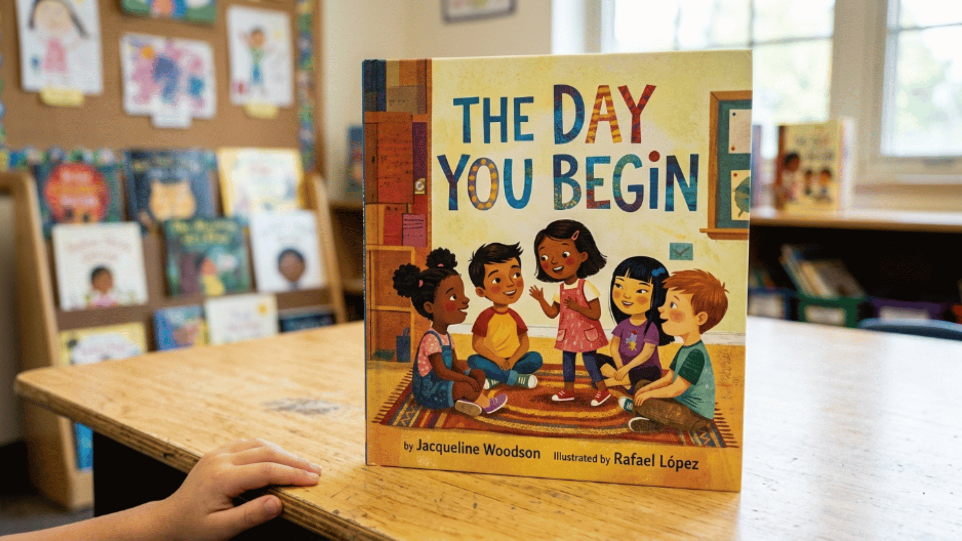 the Day You Begin children’s book on a classroom table with kids illustration on cover and bookshelves in the background