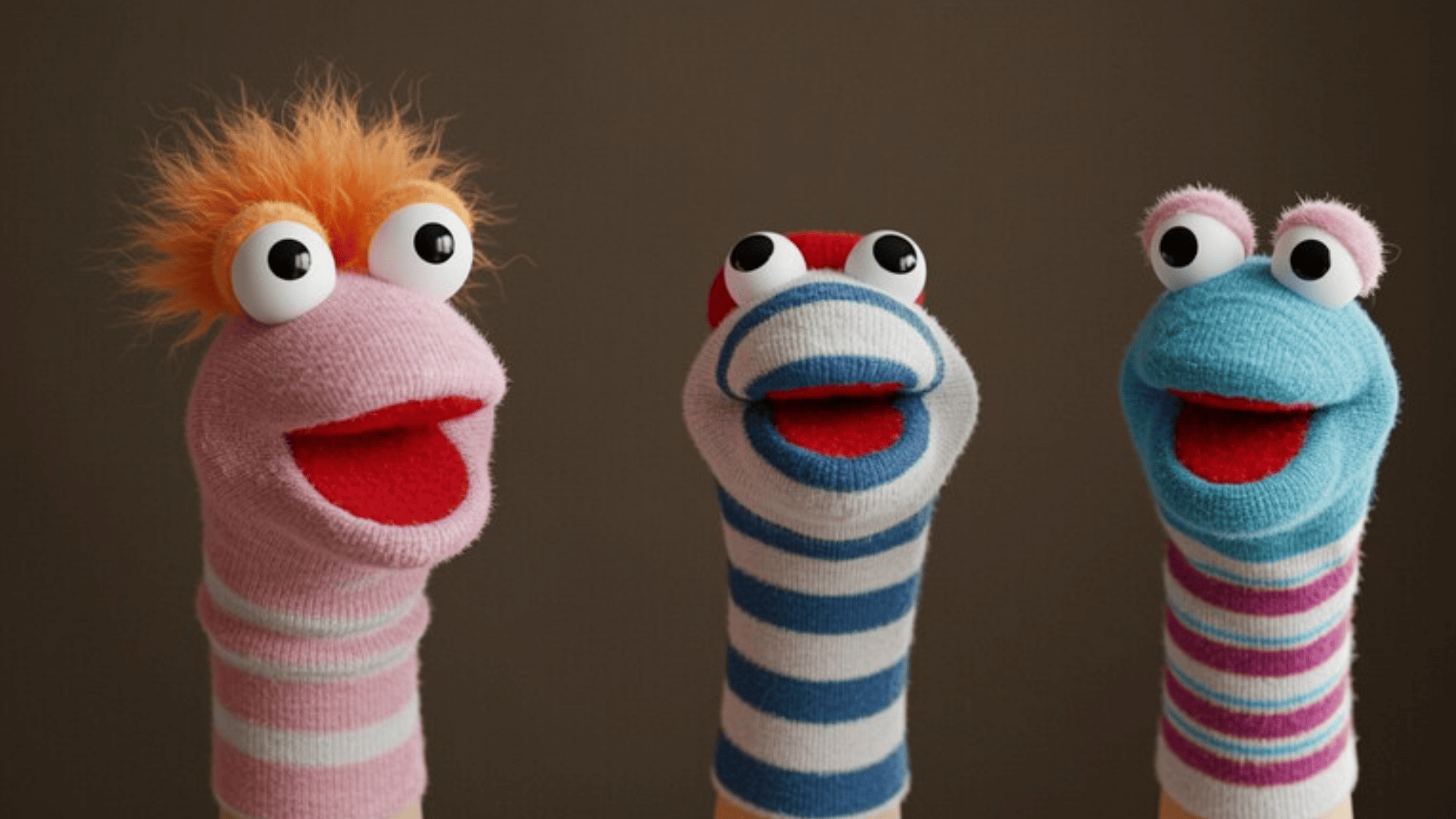 three sock puppets in striped socks and eyes