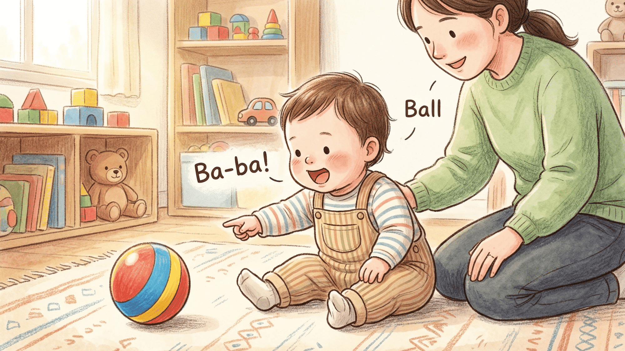 toddler pointing at toy ball while trying to say word