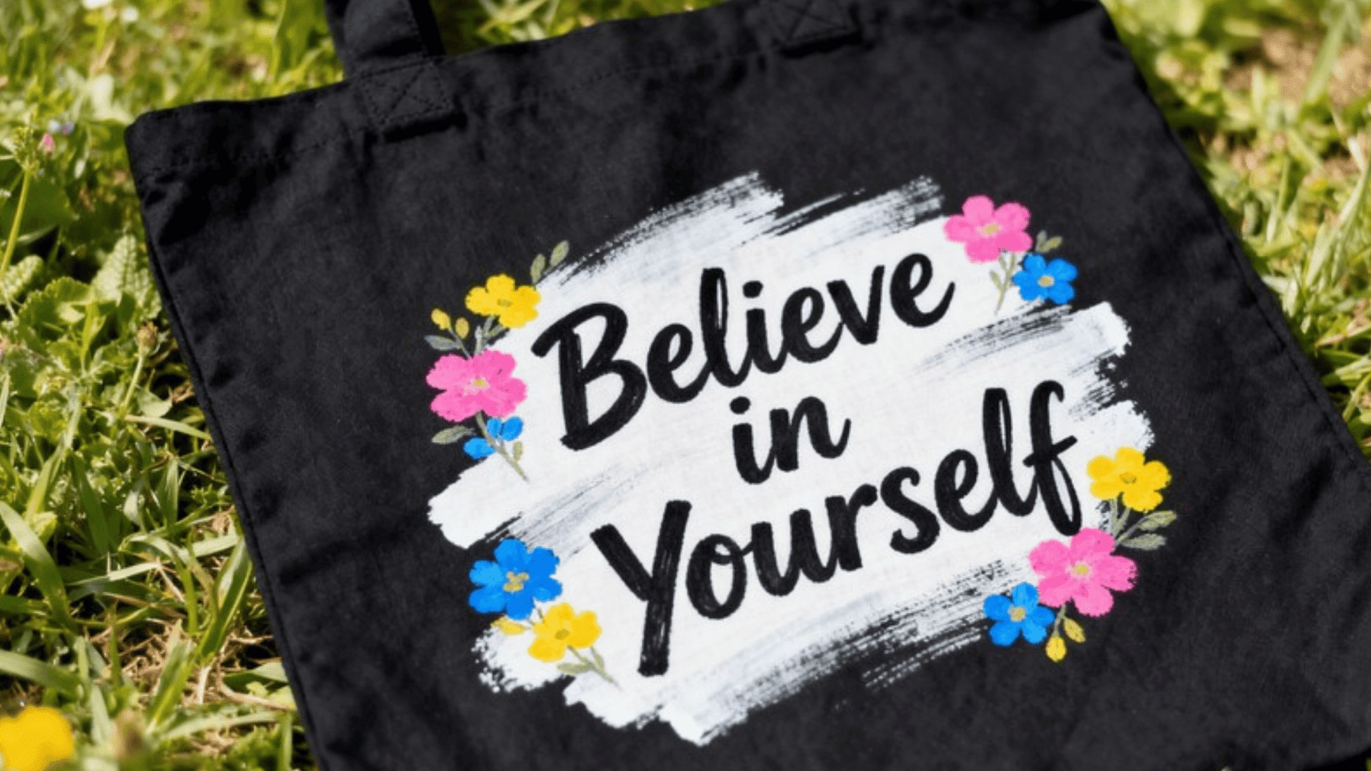 tote bag painting of hand-lettered inspirational quote in black fabric marker, accented florals