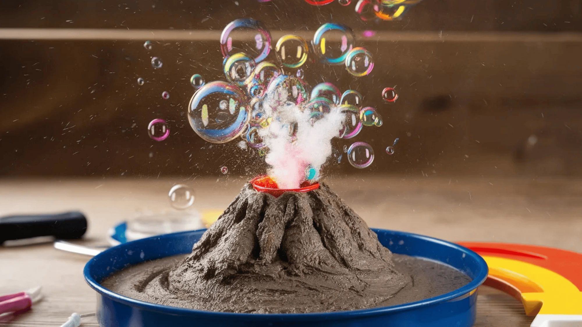 volcano eruption with vibrant colored bubbles