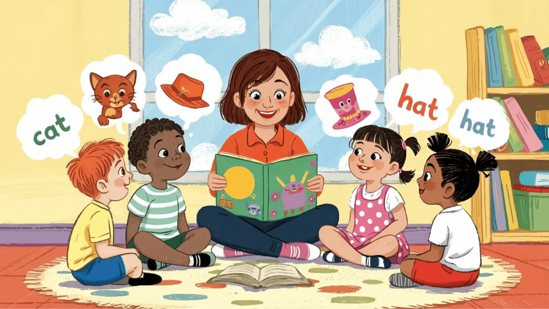 eacher reading a book to four children sitting in a circle, with thought bubbles showing cat and hat words and pictures
