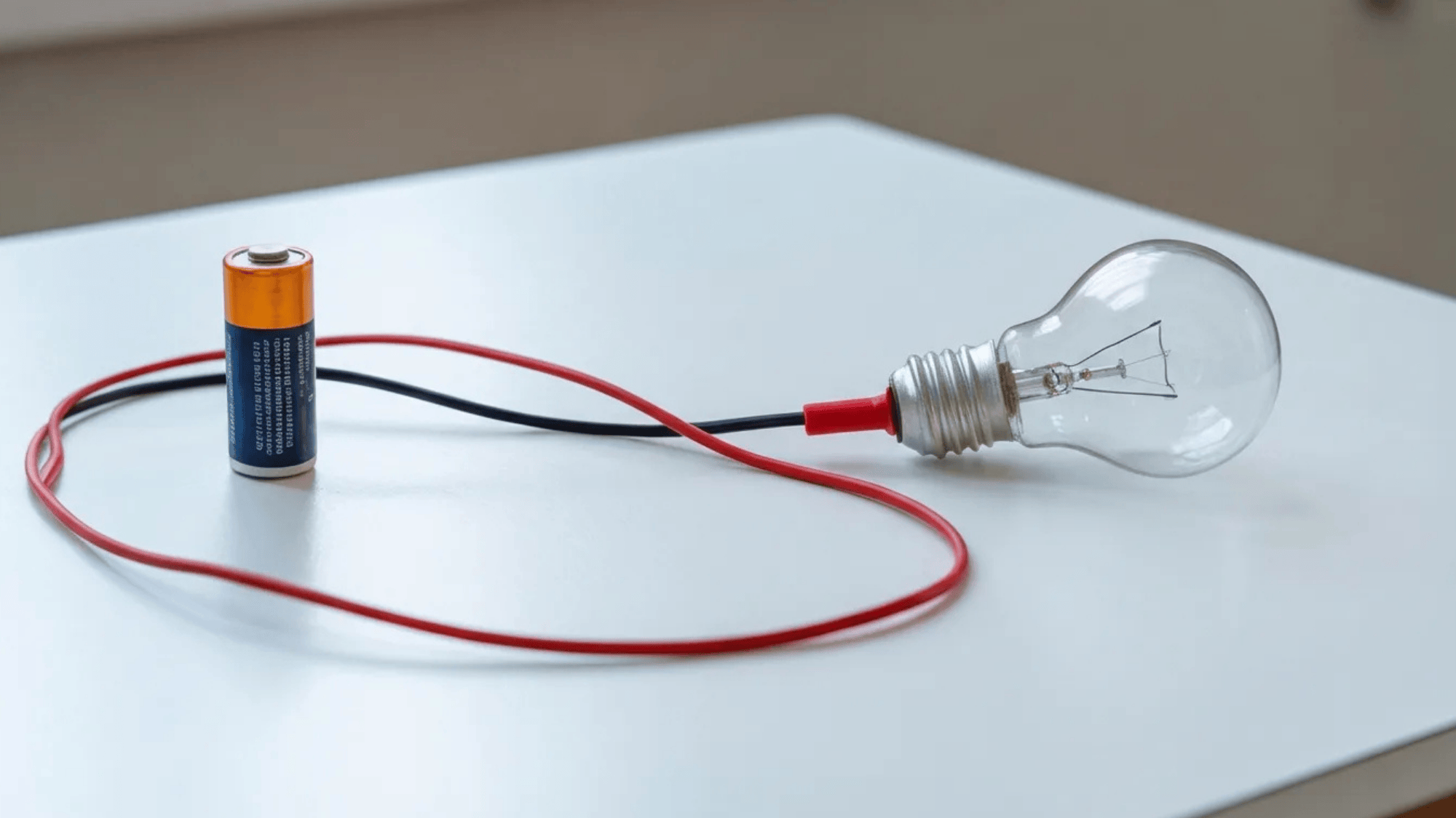 wires connected to a battery, lighting up a bulb