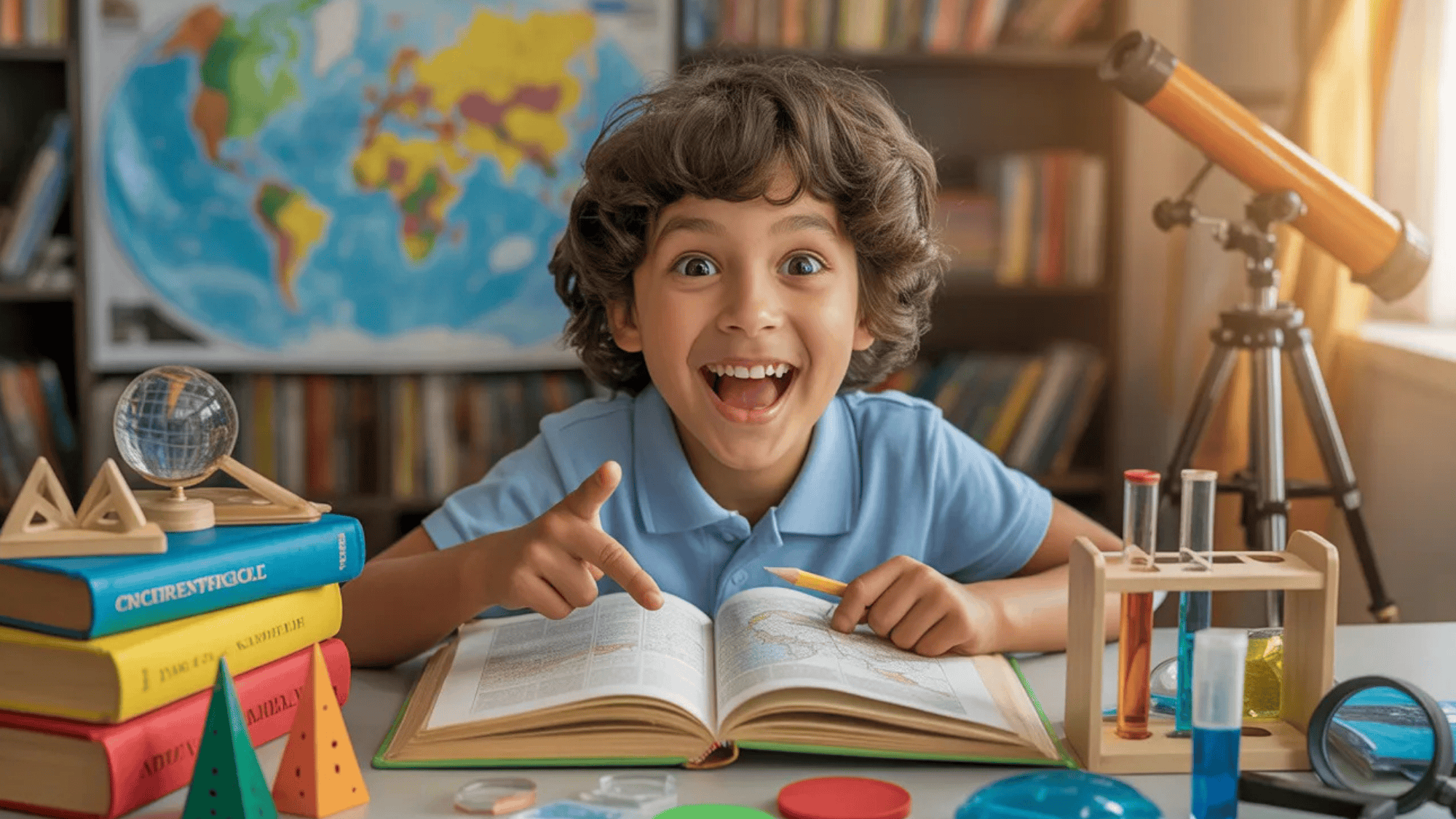 young boy excitedly studying with books, a globe, science equipment, and a telescope
