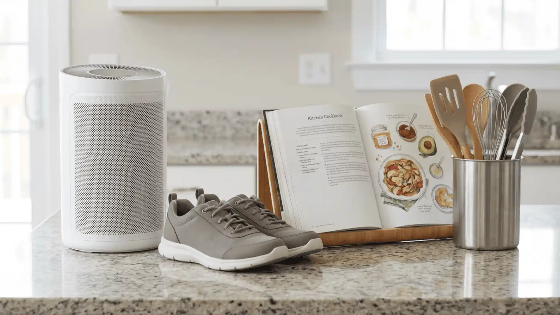 Air purifier, shoes, cookbook, and utensils on counter