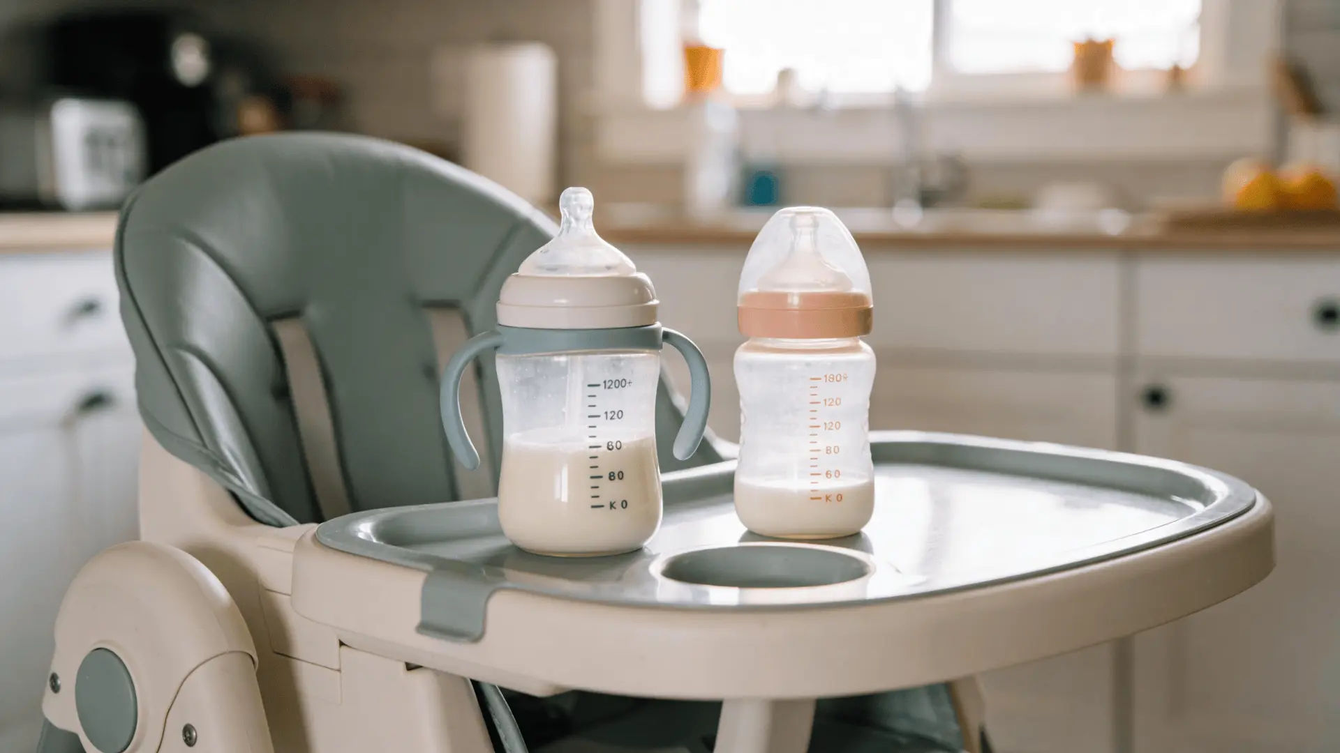 Baby bottle and sippy cup placed side by side on a tray symbolizing transition from bottle to cup in a warm kitchen setting