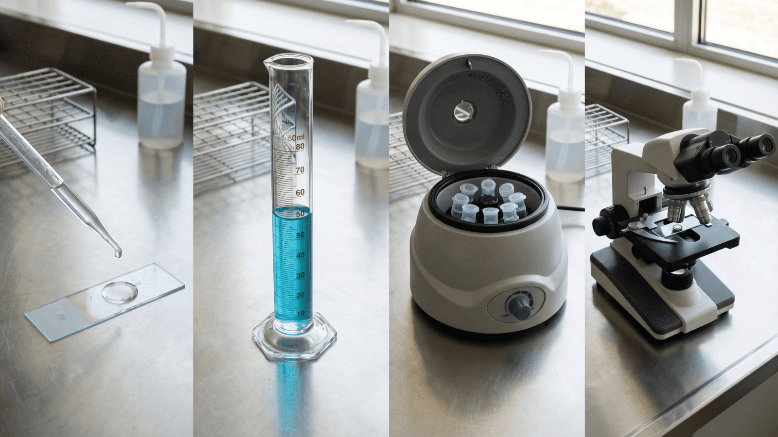 Biology lab workflow showing sample prep, measuring, centrifuge, and microscope observation