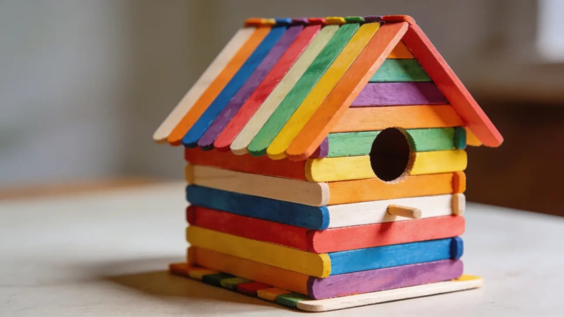 Birdhouse made from painted popsicle sticks with simple design