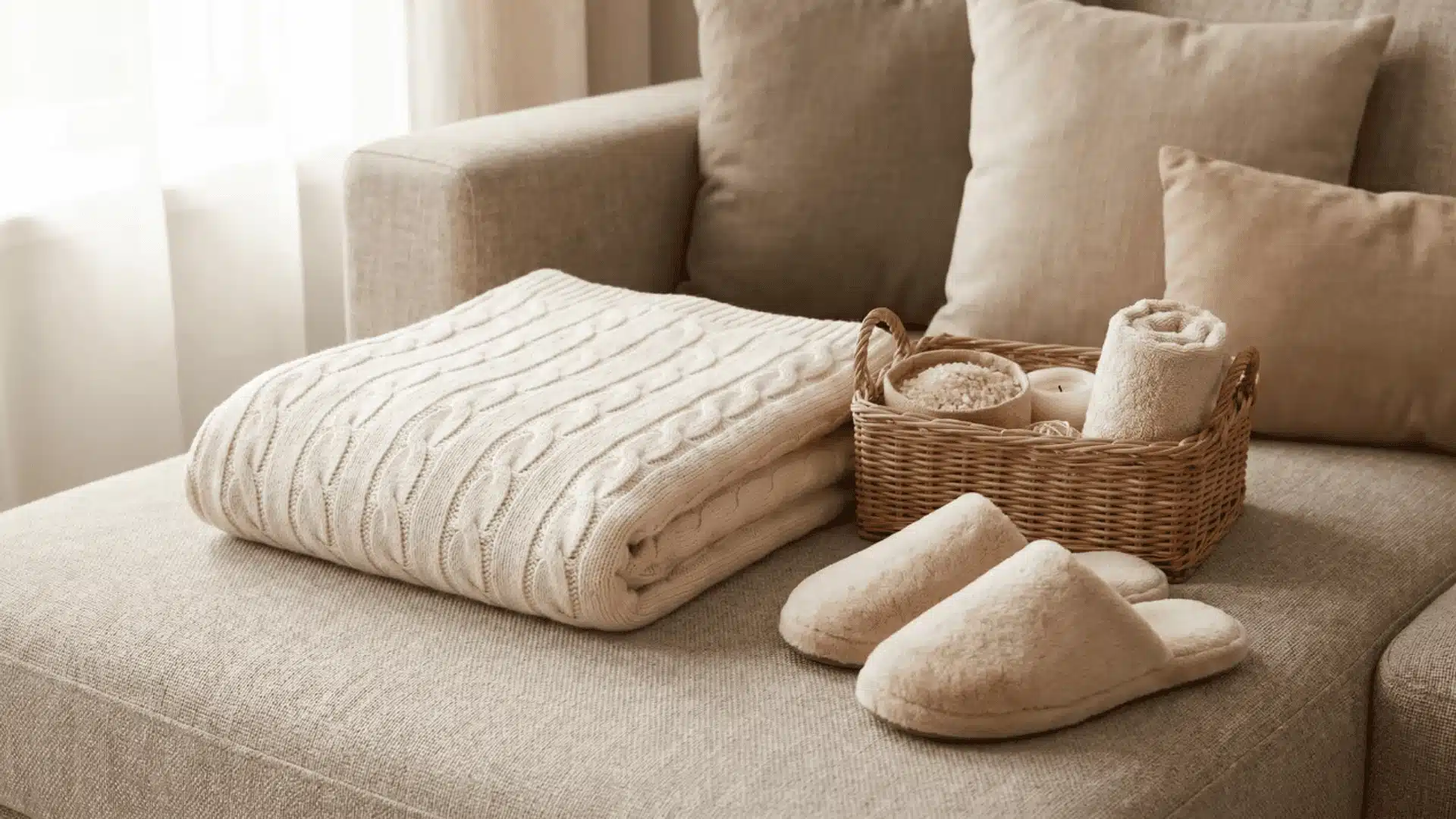 Blanket, slippers, and spa basket on sofa