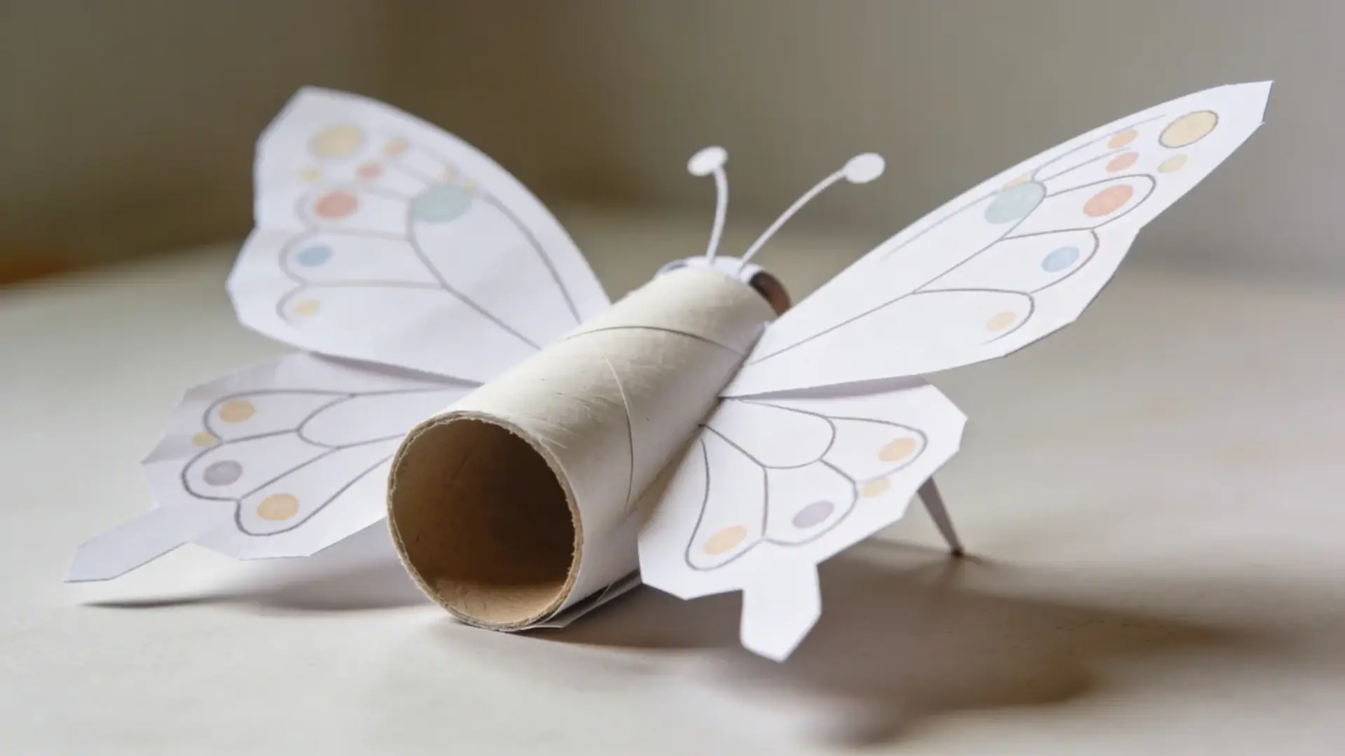 Butterfly made from toilet paper roll with paper wings attached