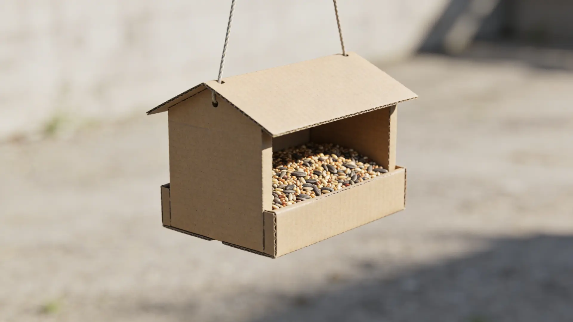 Cardboard bird feeder filled with seeds hanging outdoors