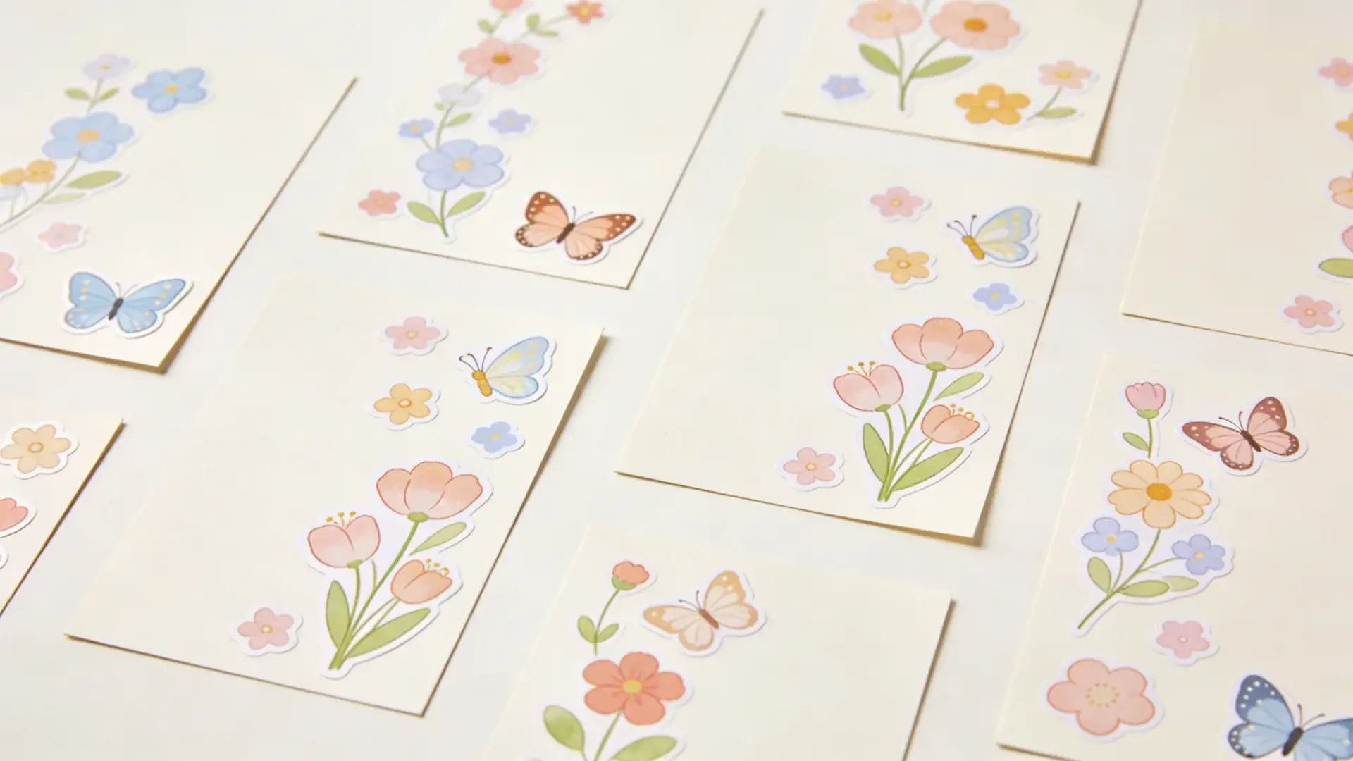 Cards decorated with flower, butterfly, and rainbow stickers