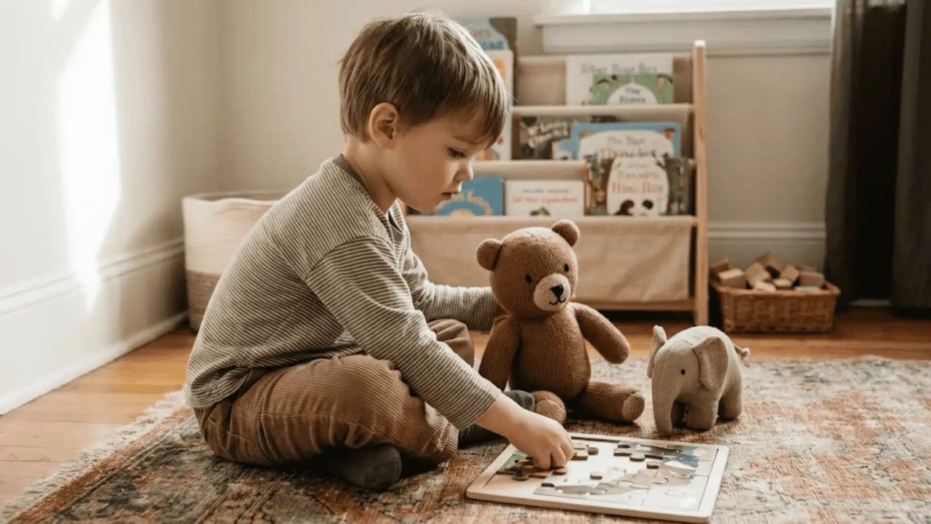 Child sitting on floor solving puzzle and playing with soft toys