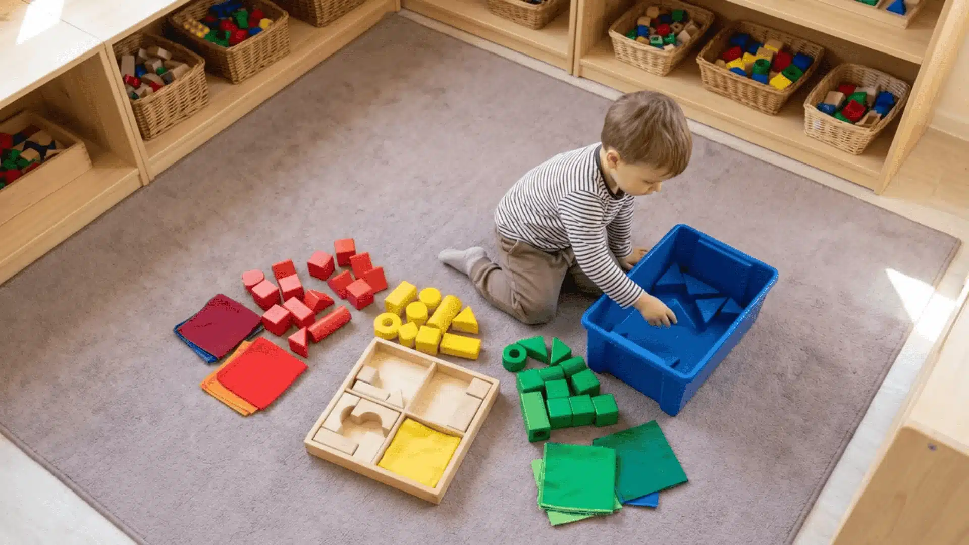 Child sorting toys by color and matching simple objects on floor
