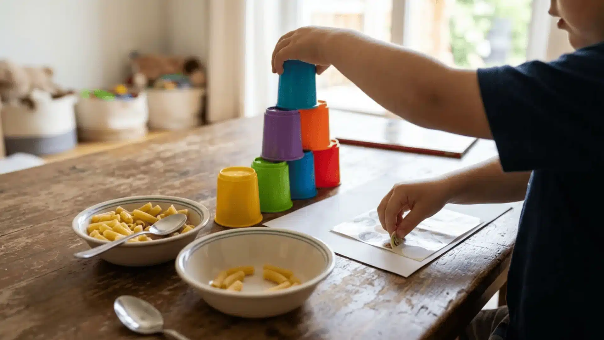Child stacking cups and placing stickers during indoor play