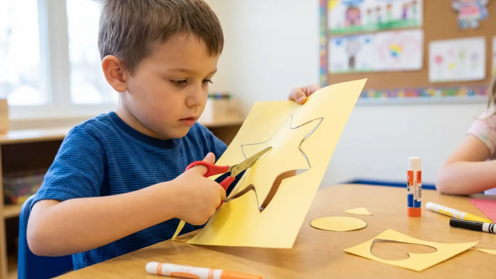 Child using scissors to cut a star shape from yellow paper at a table with craft supplies