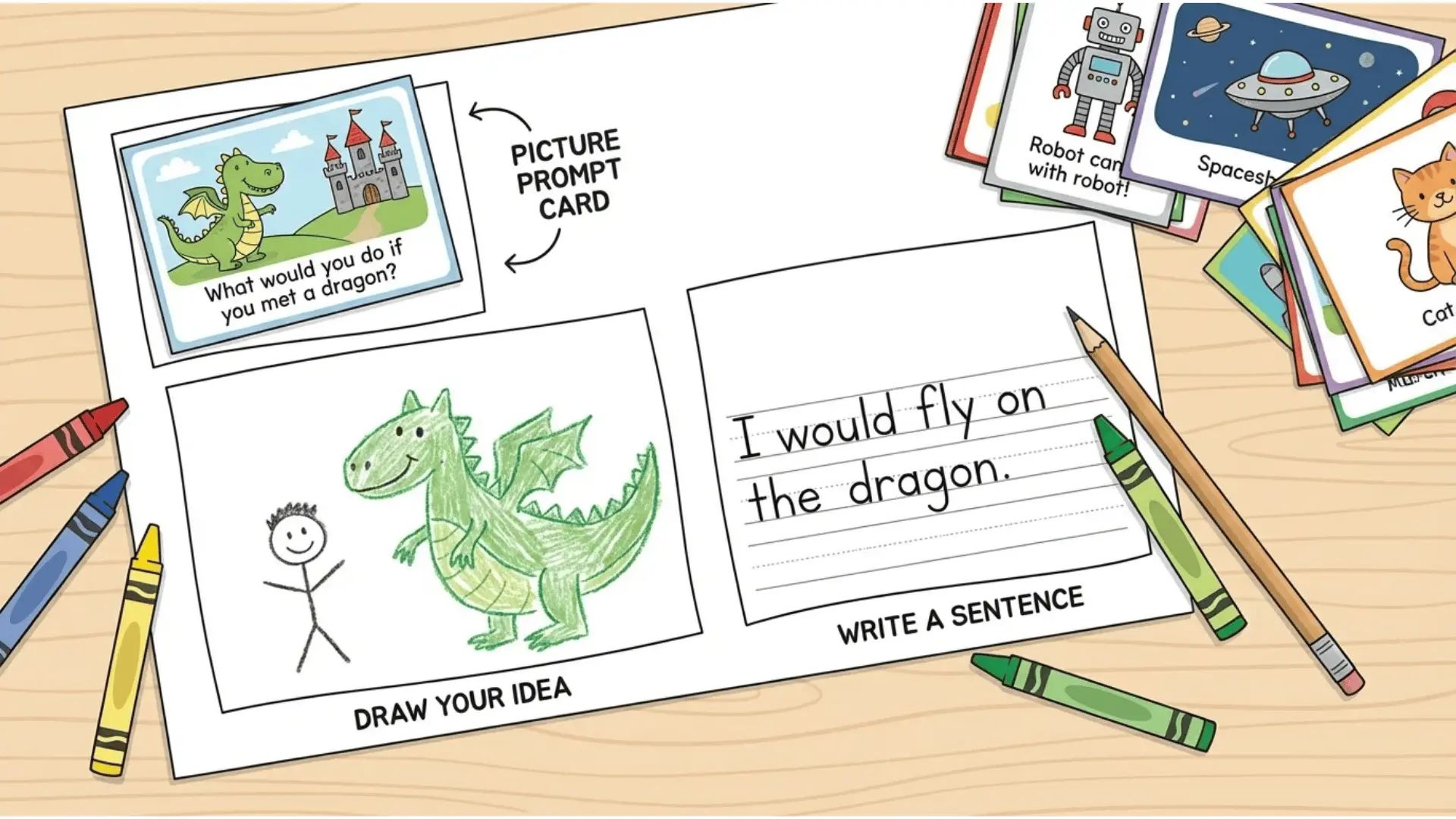 Collage worksheet showing picture prompt card, student drawing space, and short sentence writing line.