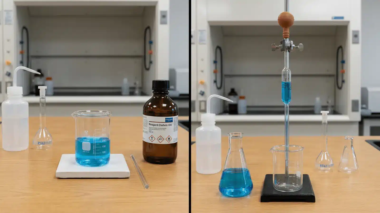 Comparison of measuring liquid using beaker and pipette in a lab setting