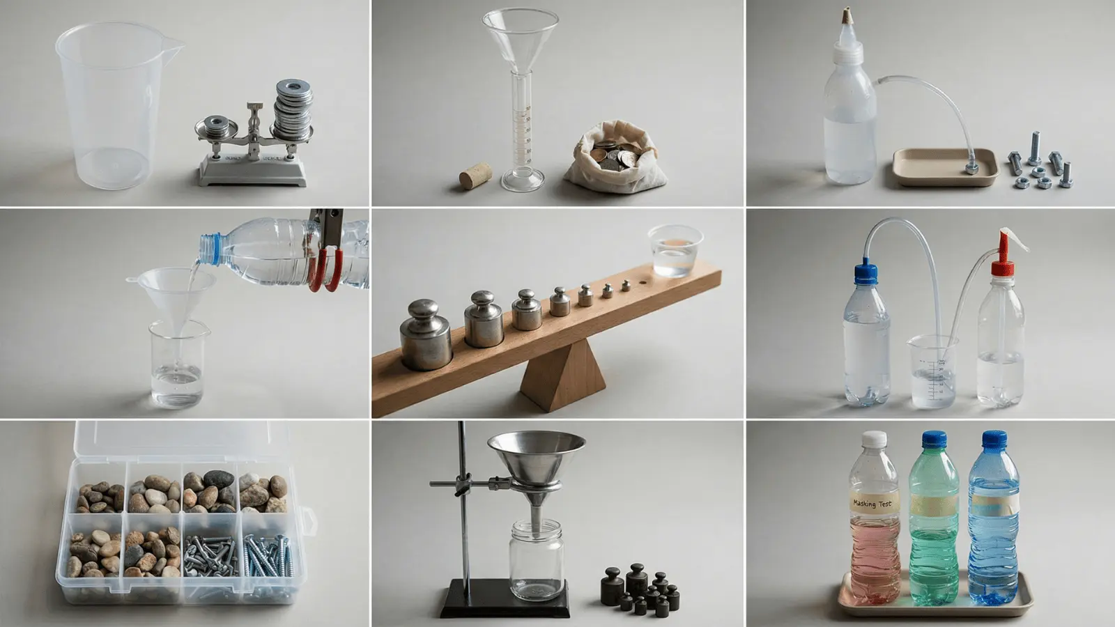 Cups, bottles, funnels with coins and weights arranged to manage force and balance